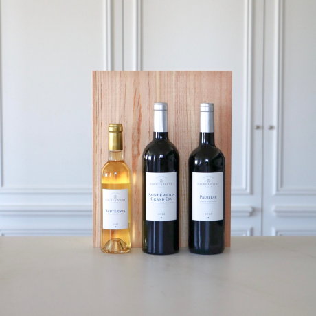 Bordeaux Nobility - Wooden case of 1x Sauterne, 1xPauillac, 1x Saint-Emilion Grand Cru